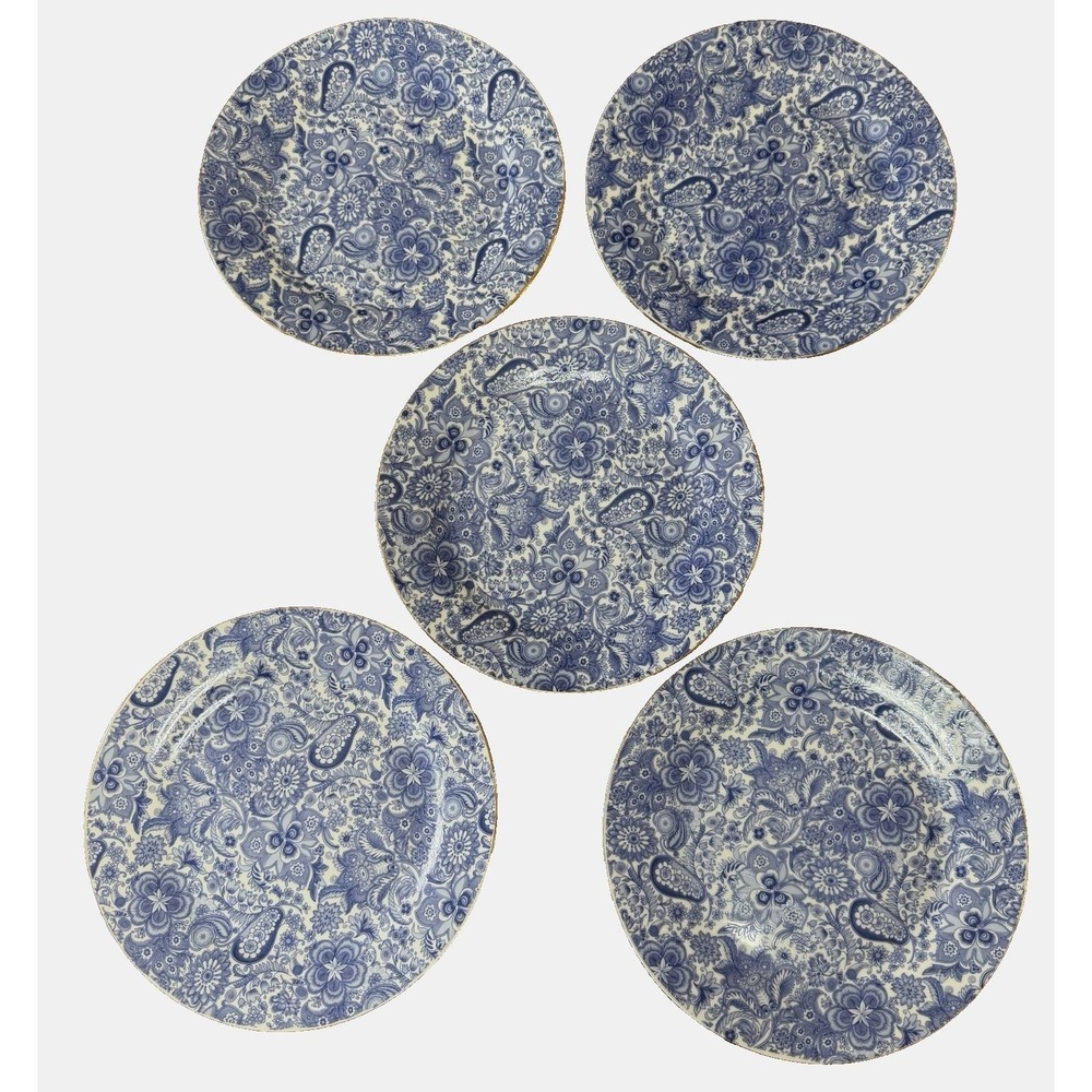 5 Antique Reflections J Godinger Blue Floral Dessert‎ Plate 7.5" Gold Trim EUC